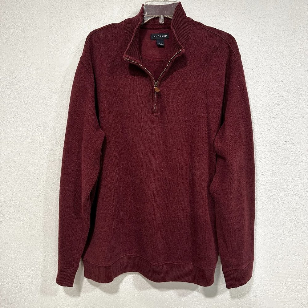 Lands End Pullover Sweater 1/4 Zip Long Sleeve Cotton Knit Burgundy Men Sz Large